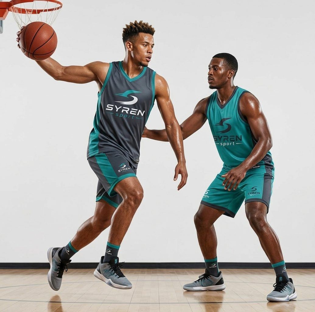Basketball players in custom Syren Sports jerseys