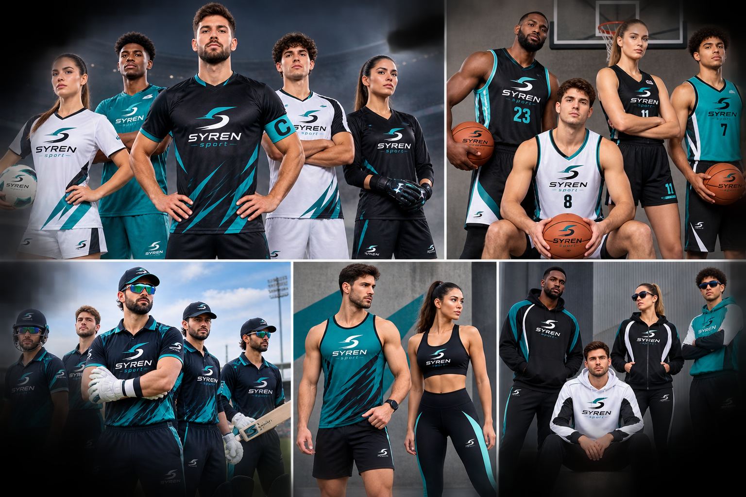 Syren Sports kits across football, basketball, cricket and training ranges