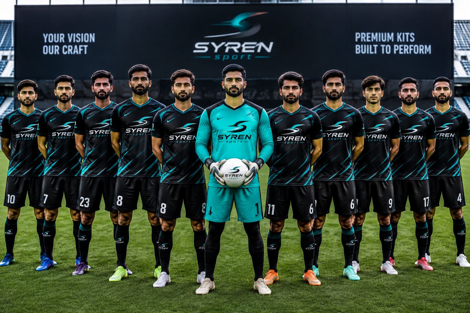 Football team wearing custom black and teal Syren Sports kits